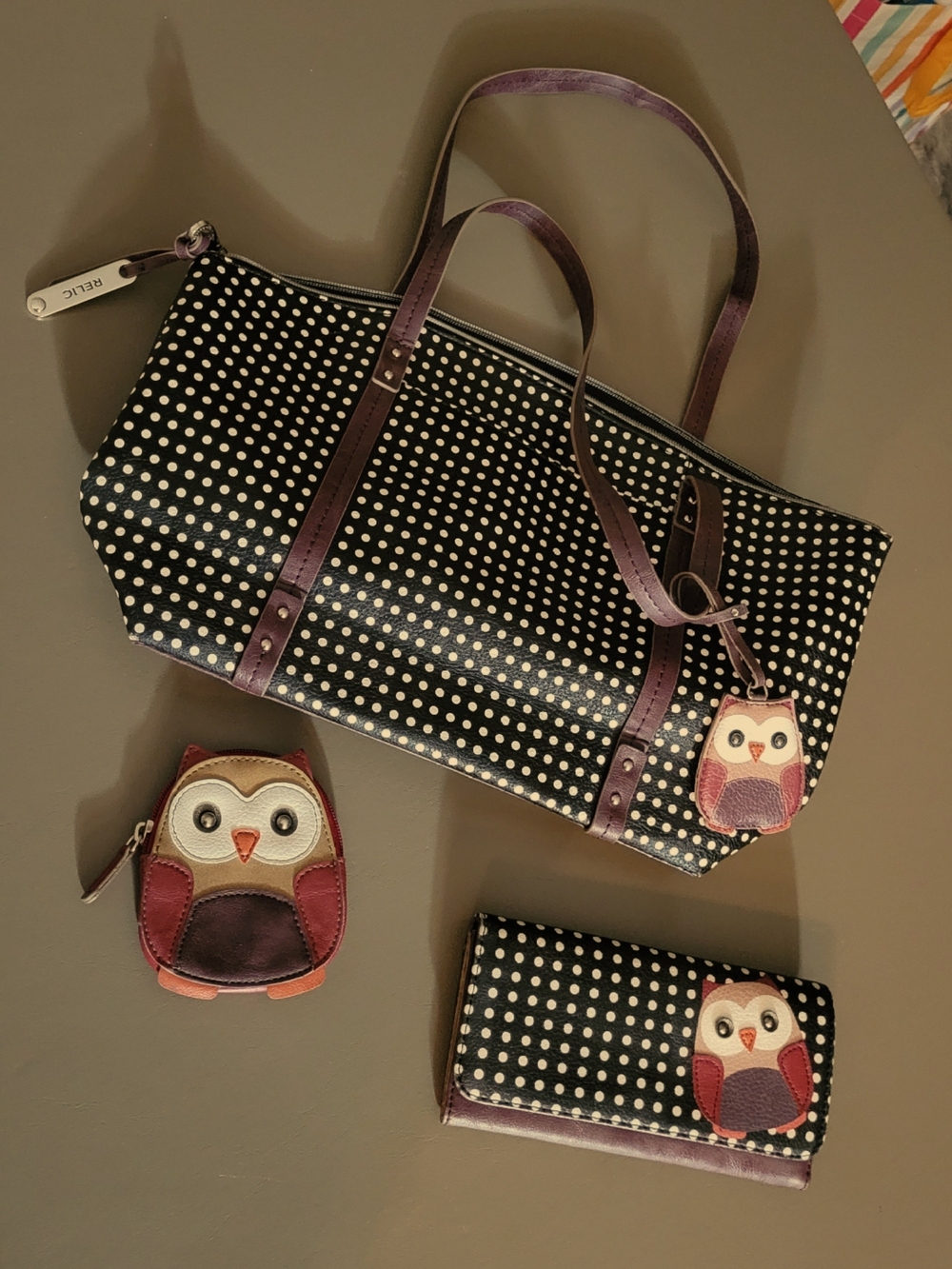 Relic Black Polka Dot Tote with Purple Accent W/ Owl Coin Purse And Wallet